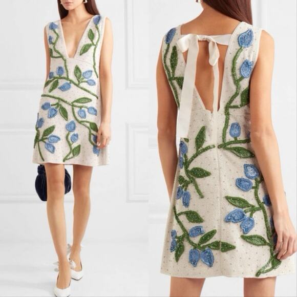 NWT Ganni Orsay Embellished Chiffon Mini Dress White Blue US 8/10 - Picture 1 of 9